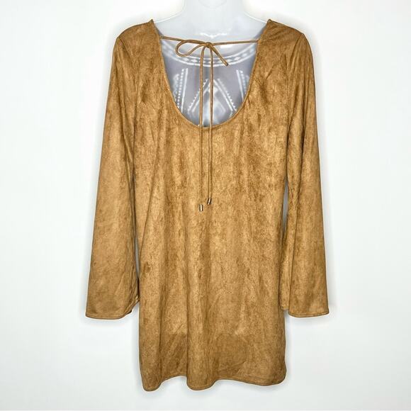 JEALOUS TOMATO camel tan boho faux suede embroidered mini dress size medium - Picture 3 of 6